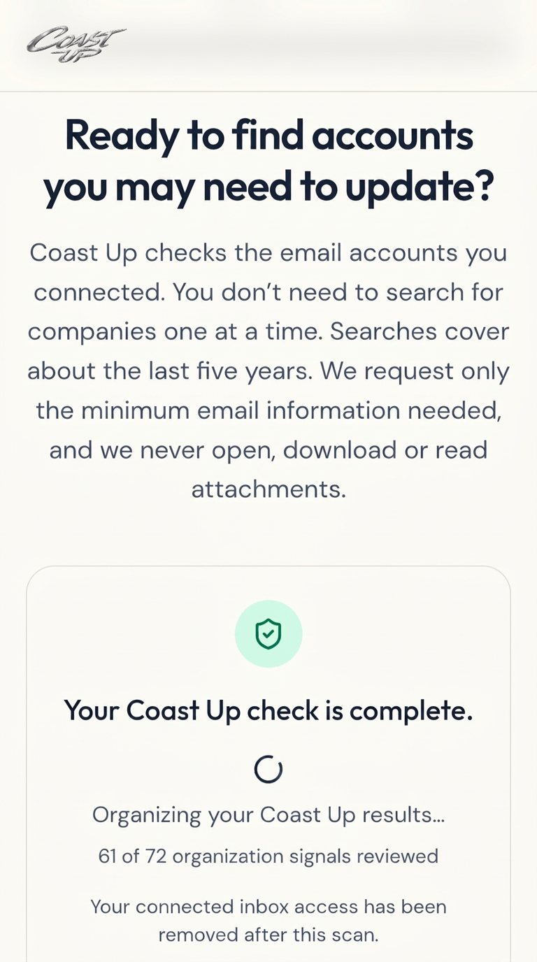 Example Coast Up screen while it organizes results